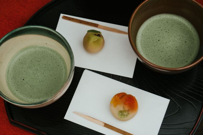Matcha tea and wagashi sweets arranged for a Japanese tea ceremony