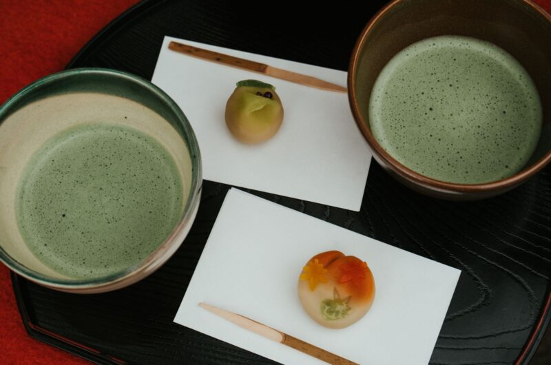Matcha tea and wagashi sweets arranged for a Japanese tea ceremony