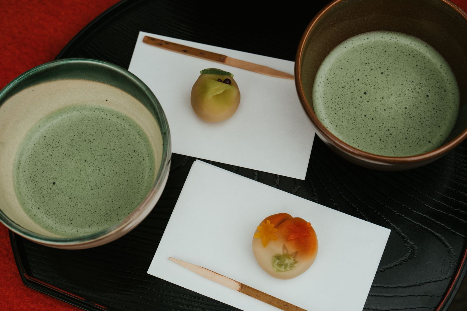 Matcha tea and wagashi sweets arranged for a Japanese tea ceremony